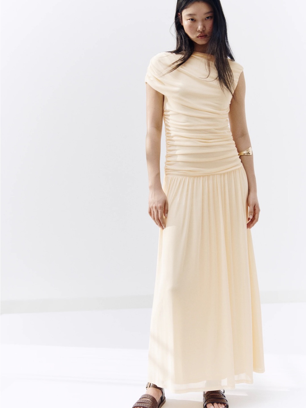 Light Yellow Draped Mesh Maxi Dress